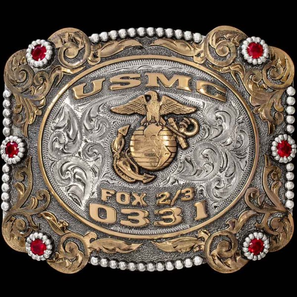This one's for the Devil Dogs. Show off your USMC Pride with the Pensacola Custom Belt Buckle. This Classic Buckle has 6 large cubic zirconia stones, a German Silver Base with a German Silver Bead and Jeweler's Bronze Scroll edge. 

Customize it with yo